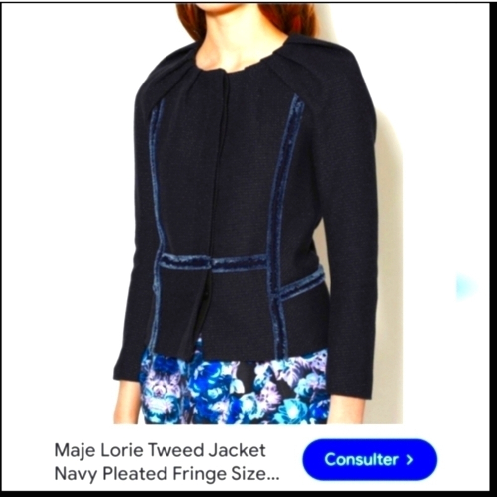 Maje Lorie Tweed Jacket Navy Pleated Fringe Size 36 or S
